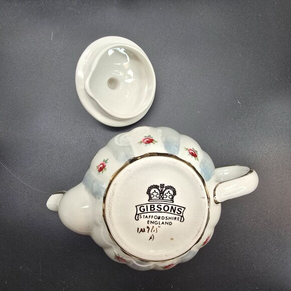 Rose Pumpkin Teapot With Blue and Gold Accents English Staffordshire JJ3837 - Picture 7 of 10